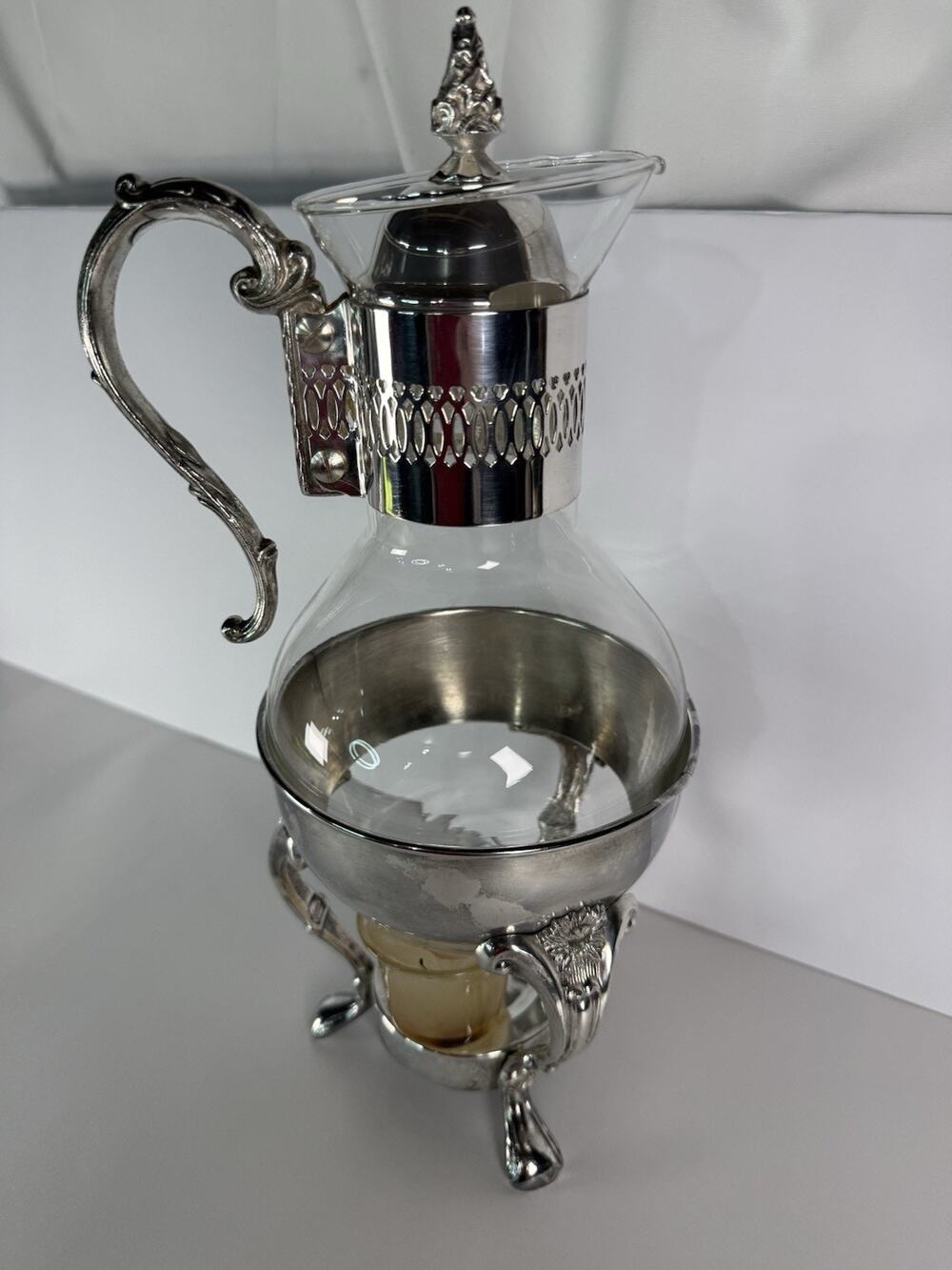 VTG Raimond Silver Plated Coffee/tea Glass Carafe On Footed Stand w/ Orig Candle